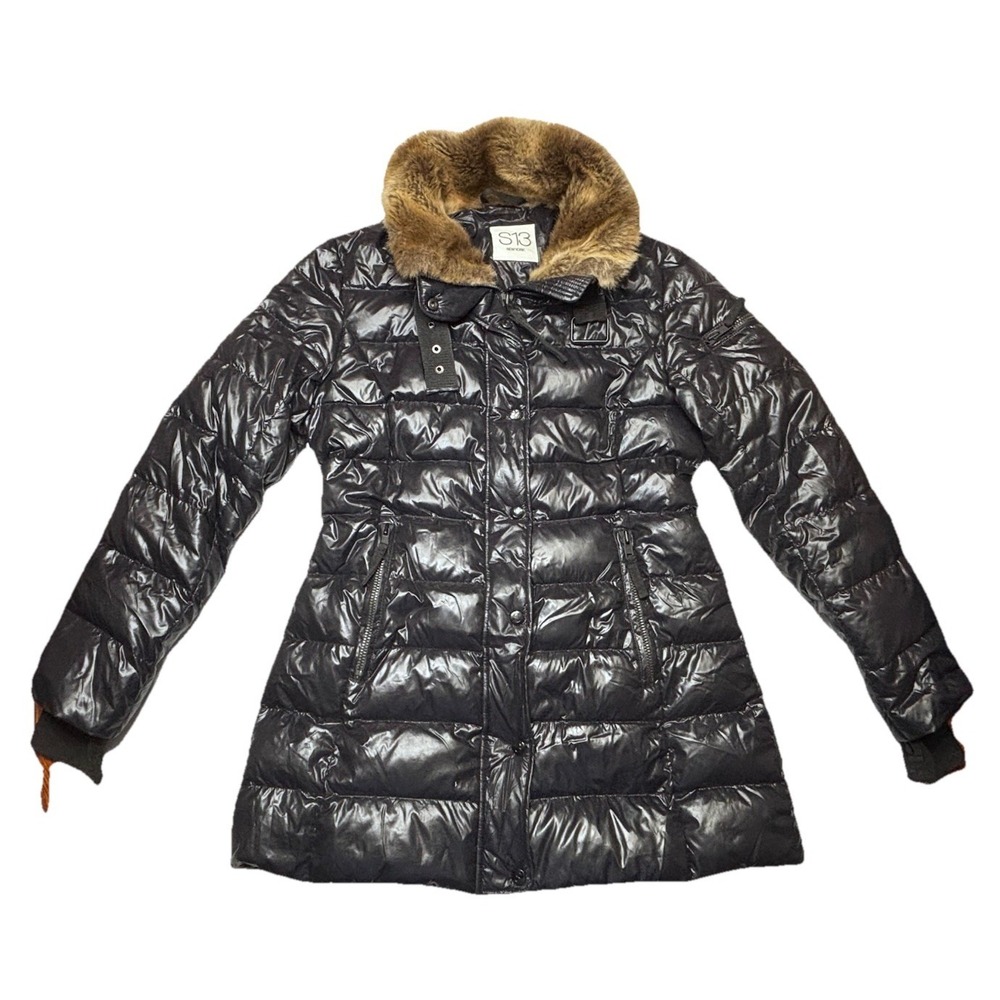 S13 New York Down Puffer Coat Faux Fur Hood‎ Belted Black Long Winter Jacket